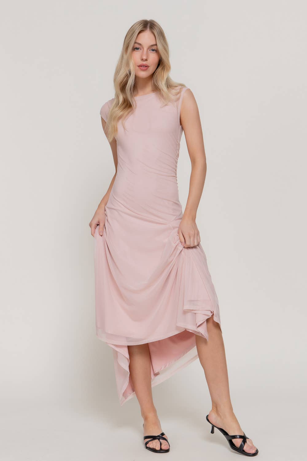 Sleeveless High Neck Asymmetric Gathered Mesh Midi Dress
