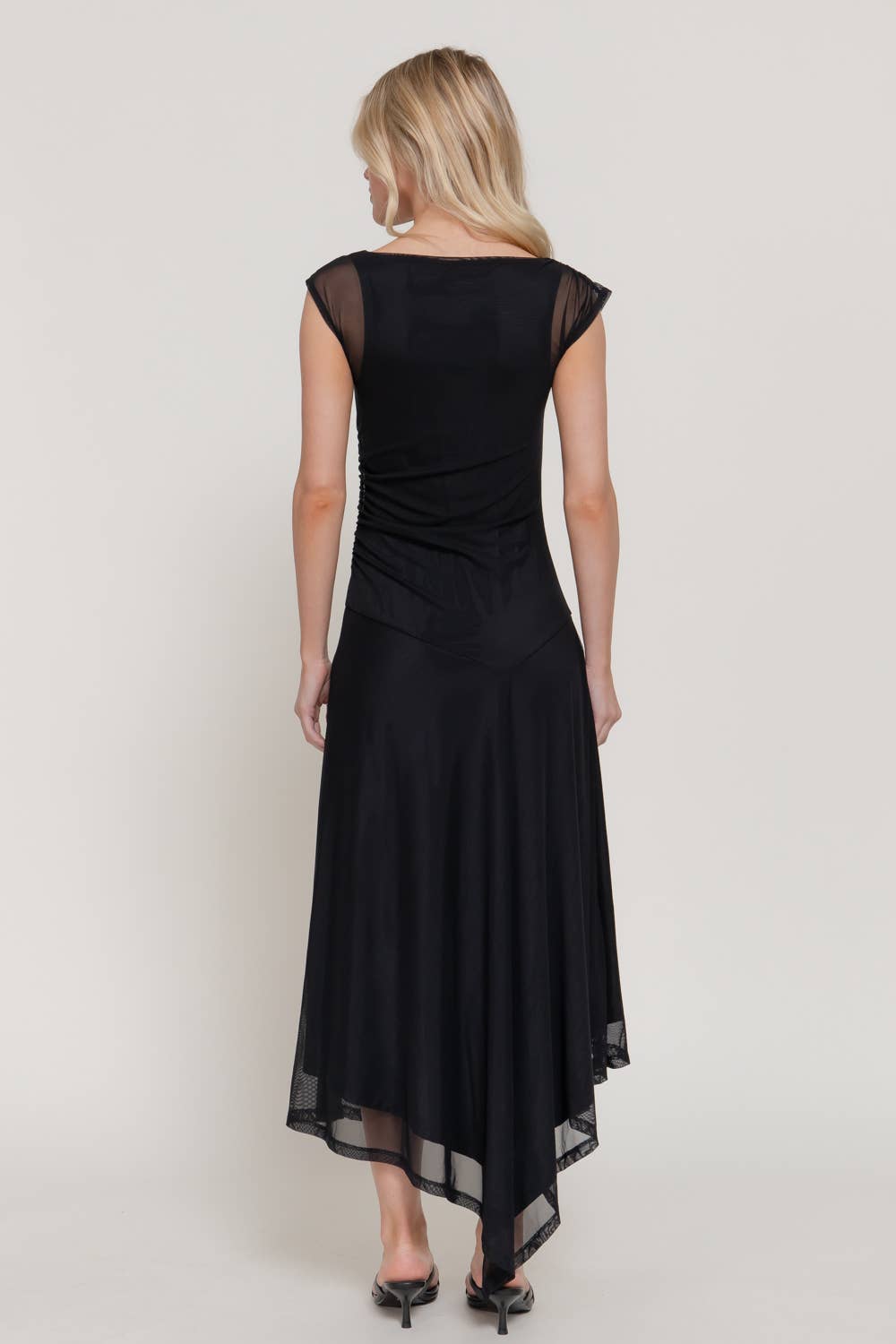 Sleeveless High Neck Asymmetric Gathered Mesh Midi Dress