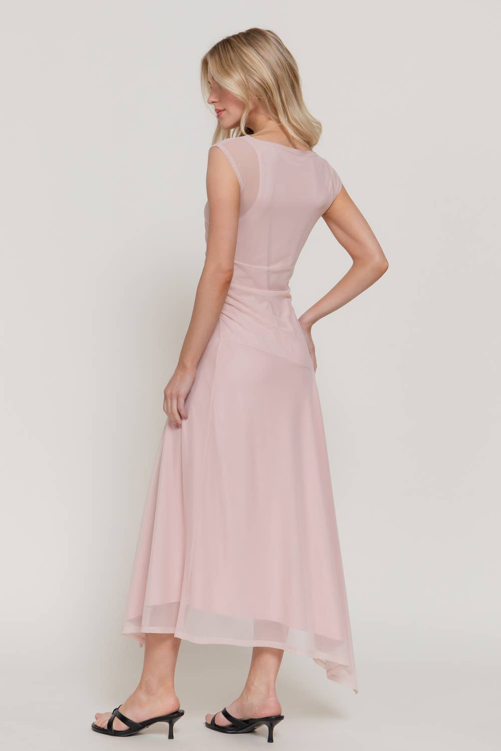 Sleeveless High Neck Asymmetric Gathered Mesh Midi Dress