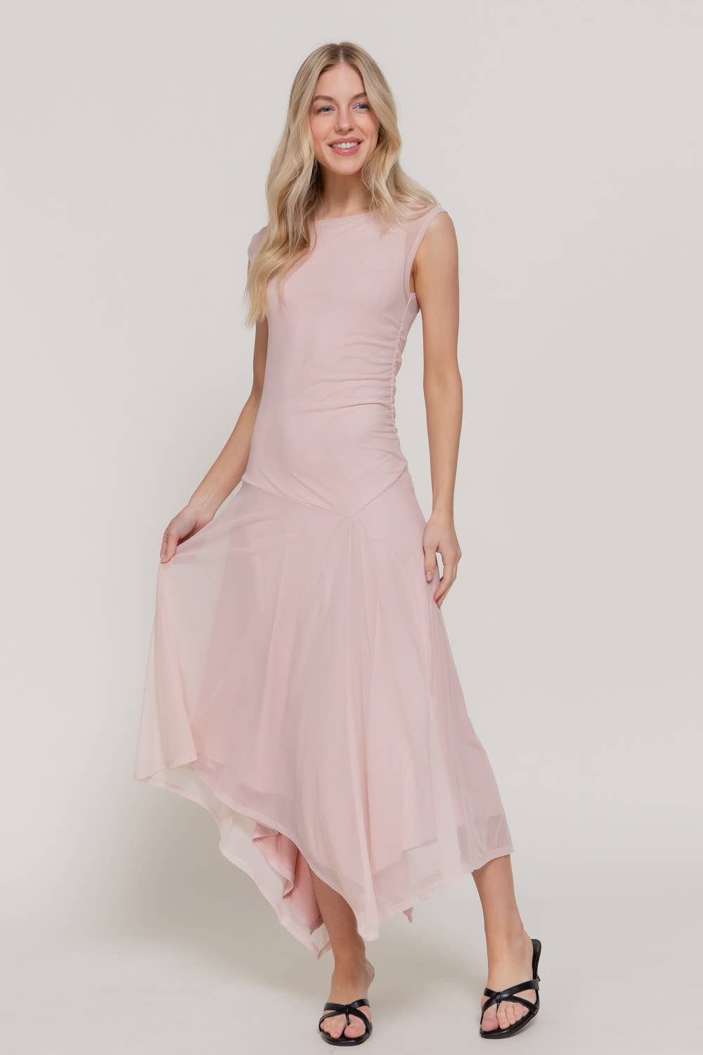 Sleeveless High Neck Asymmetric Gathered Mesh Midi Dress