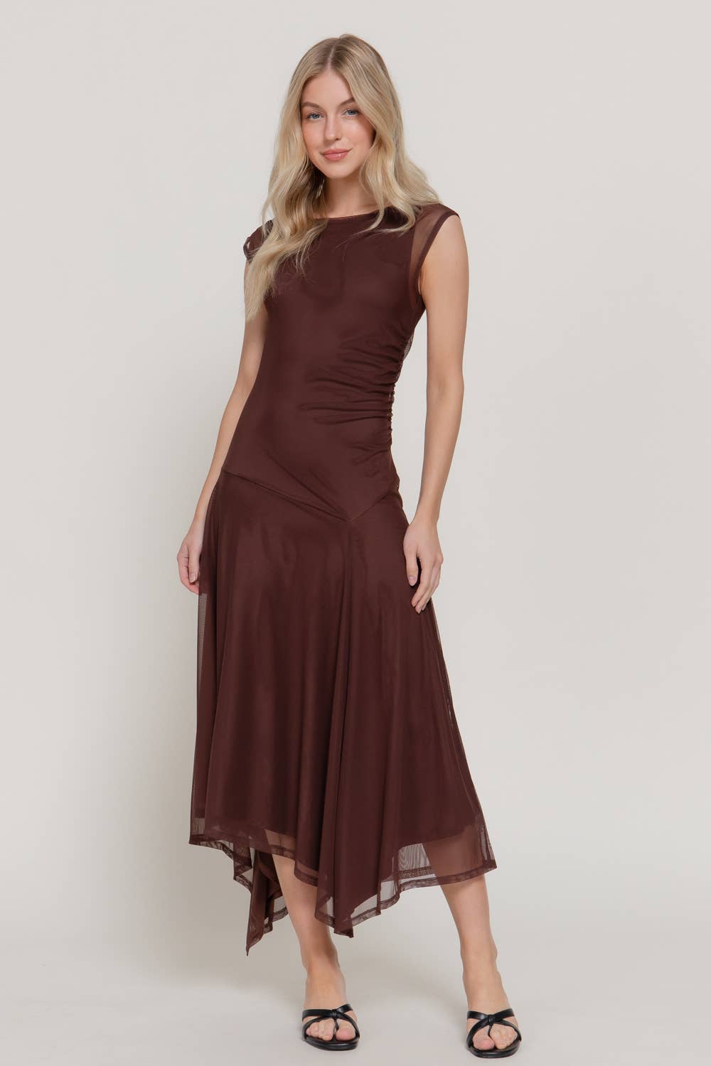 Sleeveless High Neck Asymmetric Gathered Mesh Midi Dress
