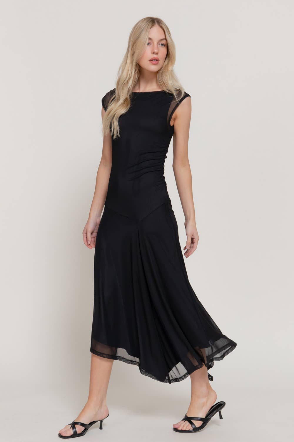 Sleeveless High Neck Asymmetric Gathered Mesh Midi Dress