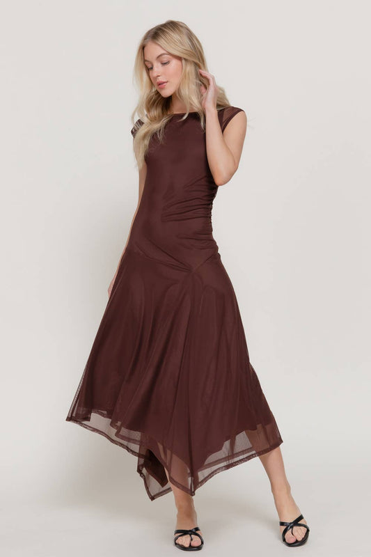 Sleeveless High Neck Asymmetric Gathered Mesh Midi Dress
