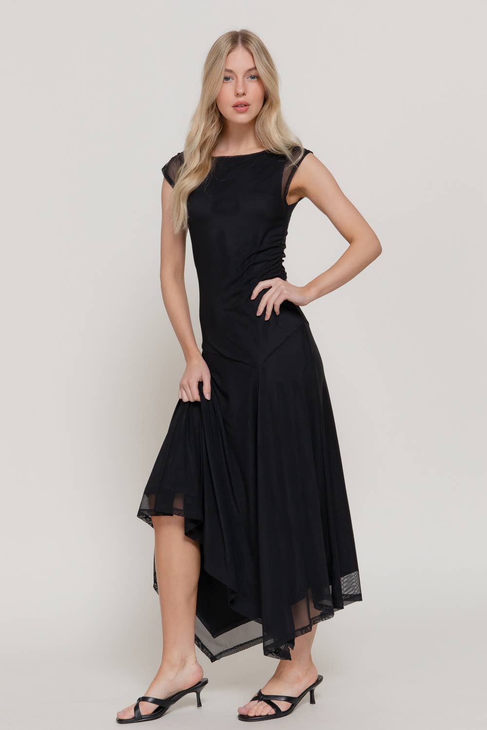 Sleeveless High Neck Asymmetric Gathered Mesh Midi Dress