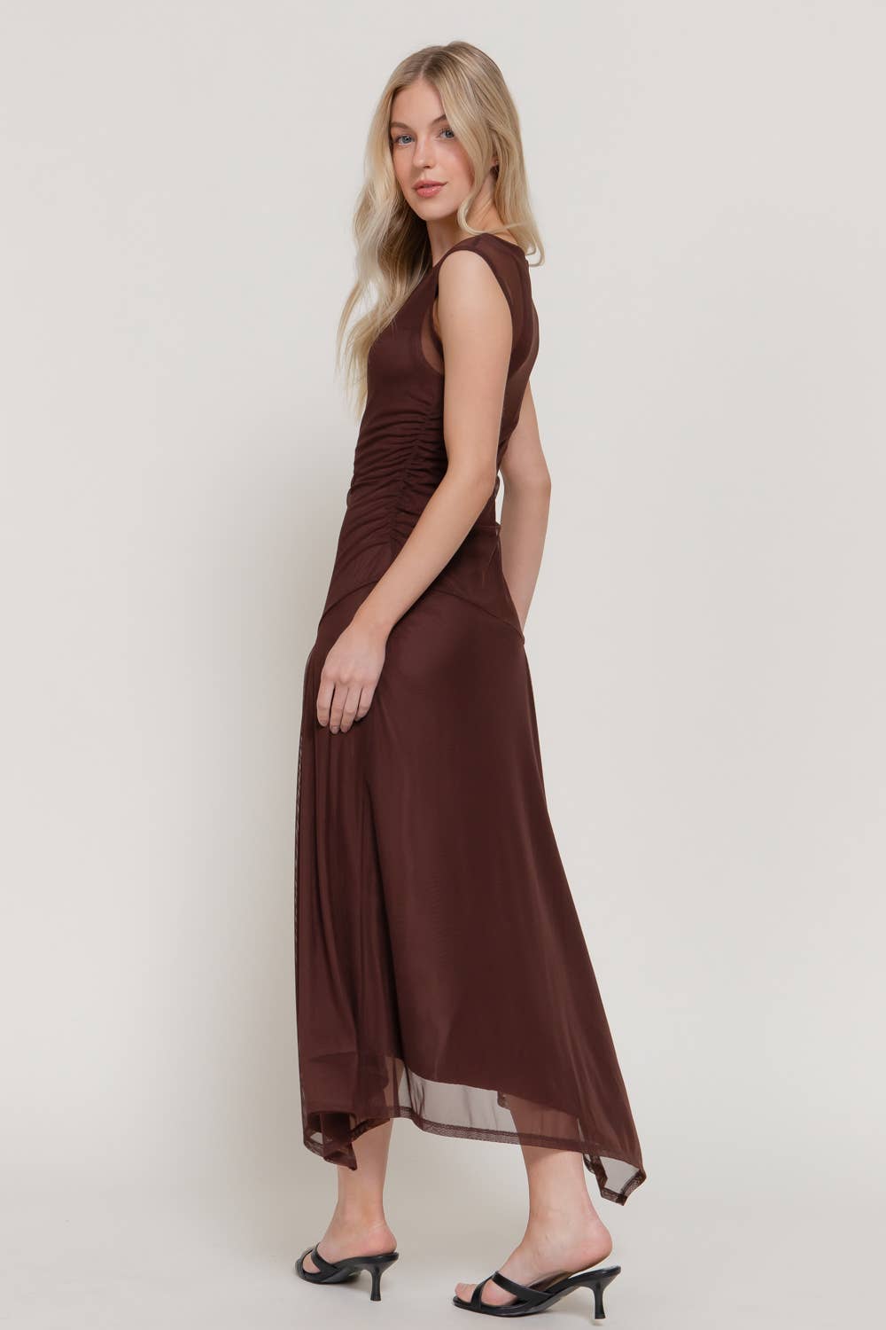 Sleeveless High Neck Asymmetric Gathered Mesh Midi Dress